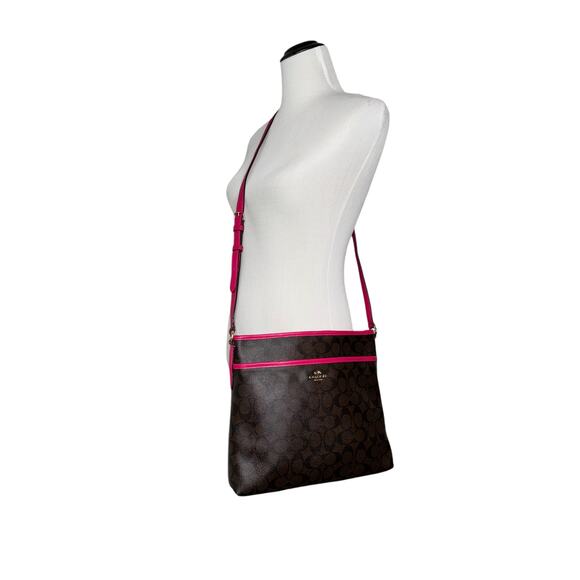 Coach Large Signature Print File Bag - Crossbody Brown w/ Fuchsia Leather Piping - Picture 1 of 9